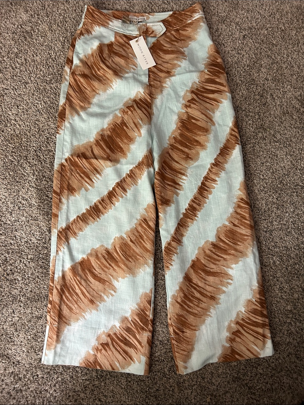 Moon River Light Blue & Camel Brushstroke Pants, Size XS